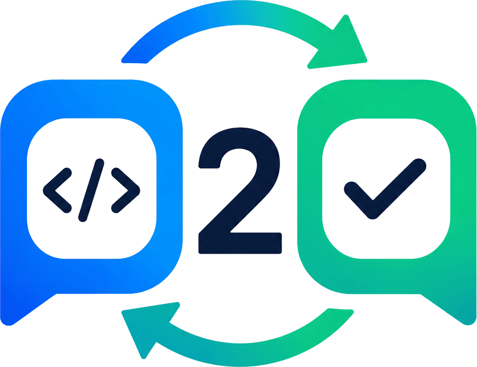 Two chat bubbles exchanging testing: code goes out, a check comes back